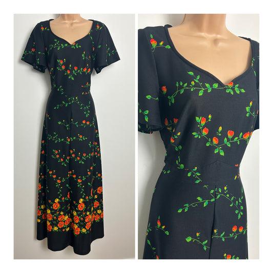 Vintage 1970s Size 8-10 Black & Orange Floral Print Short Sleeve Tie Back Maxi Dress