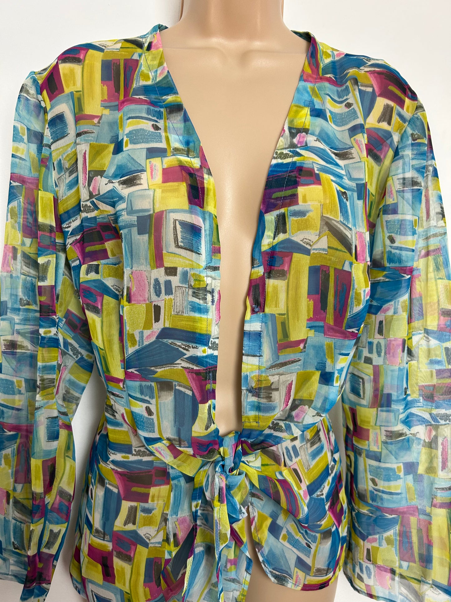 Vintage 1980s Size 12 Blue Pink & Yellowy Green Abstract Print Semi Sheer Tie Front Cover Up Top