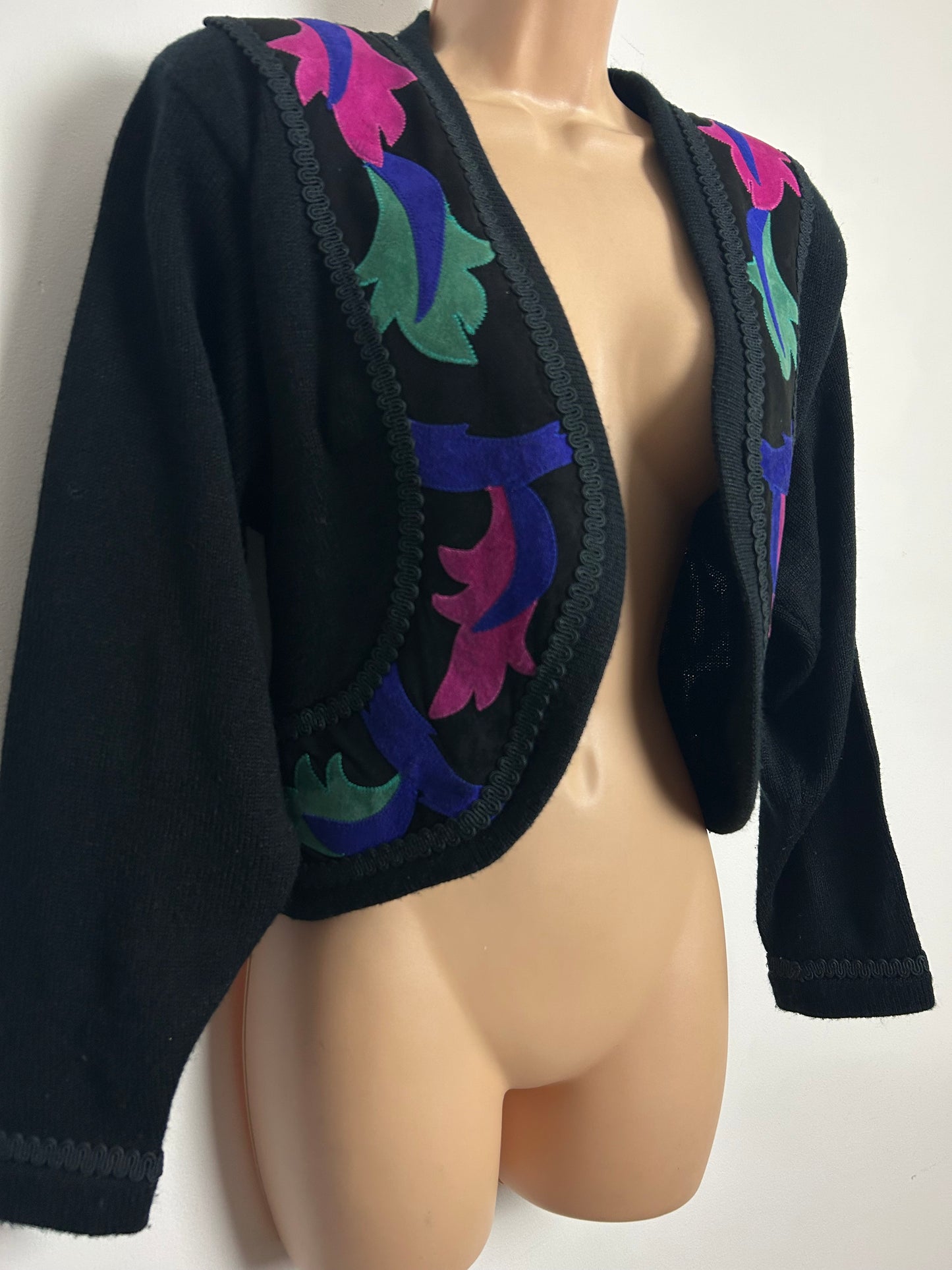 Vintage 1980s PIERANGIE Size M (UP TO 12) Black Green & Pink Faux Suede Applique Detail Shrug Style Cardigan
