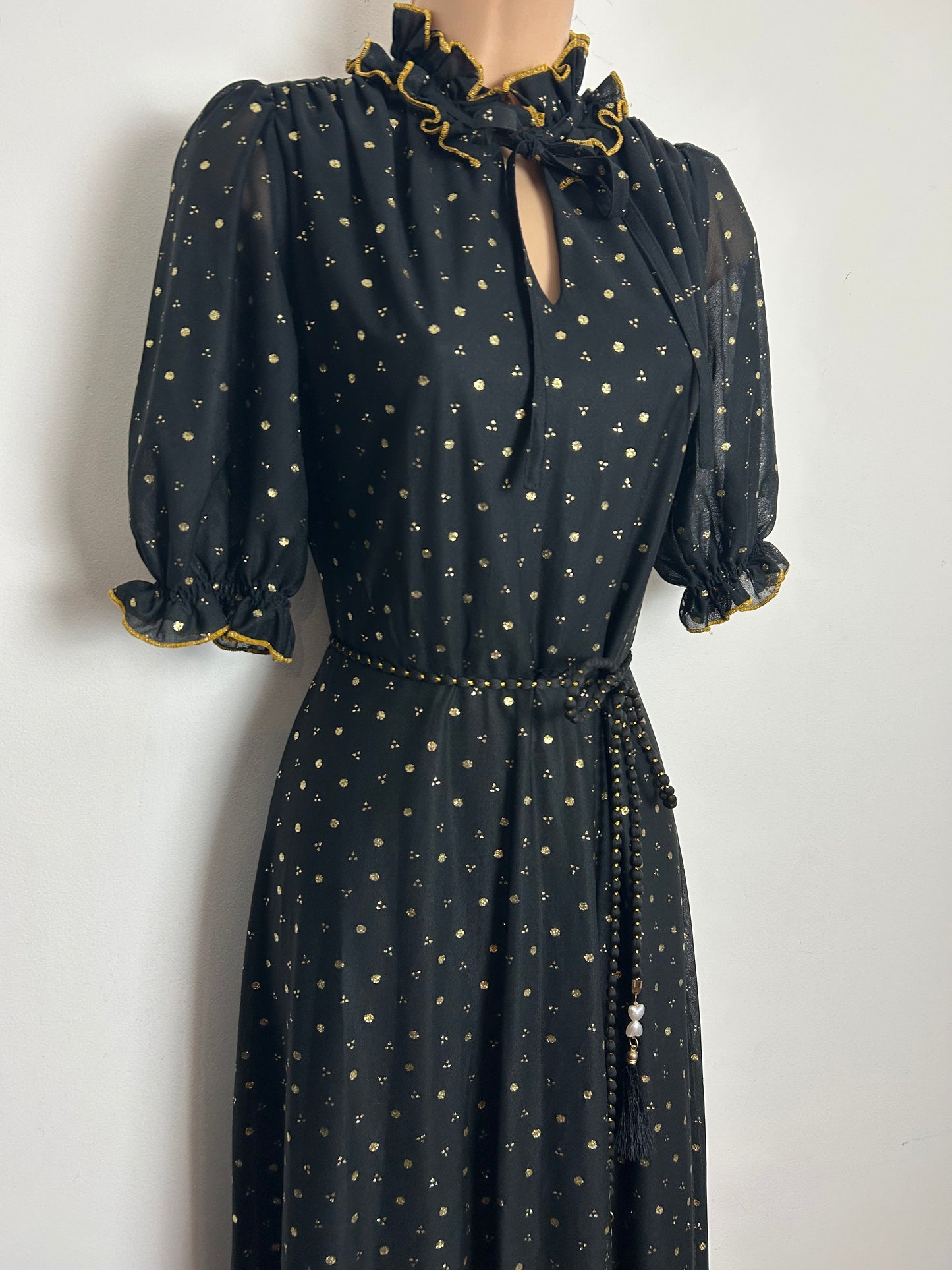 Vintage 1970s Size 10 Black & Metallic Gold Spot Print Belted Prairie Evening Maxi Dress