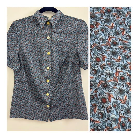 Vintage 1970s Size 12 Blue & Brown Floral Print Short Sleeve Shirt