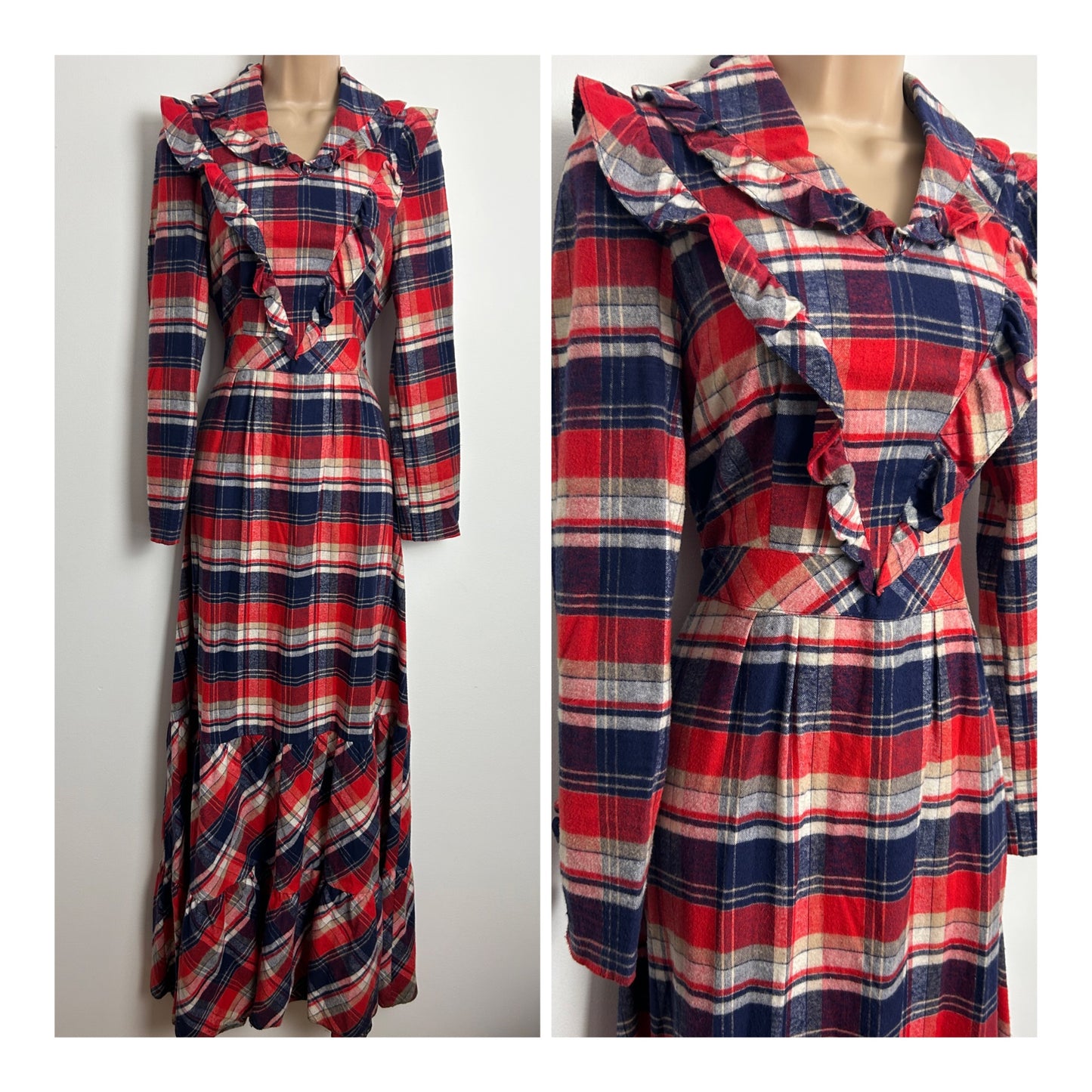 Vintage 1970s BETTY BARCLAY Size 10 Blue Red & White Check Flannel Cotton Tie Back Prairie Maxi Dress