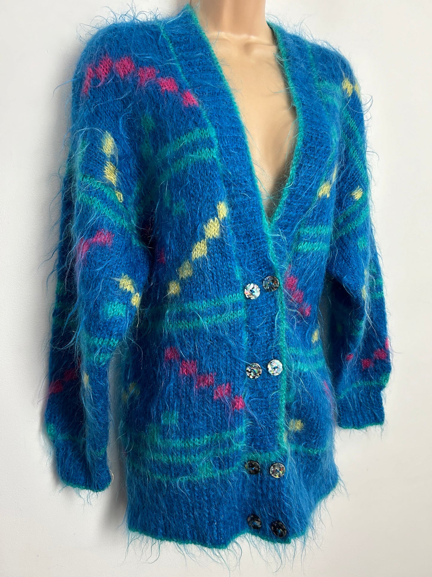 Vintage 1980s One Size Up To 14/16 Peacock Blue Pink & Green Abstract Pattern Mohair Mix Cardigan