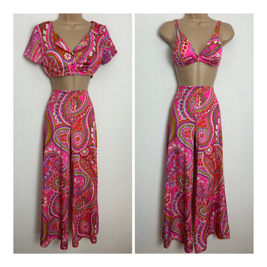 Vintage 1970s ST MICHAEL Size 8 Pink Red & Purple Psychedelic Print 3 Piece Beach Co-Ord Flared Trouser Set S