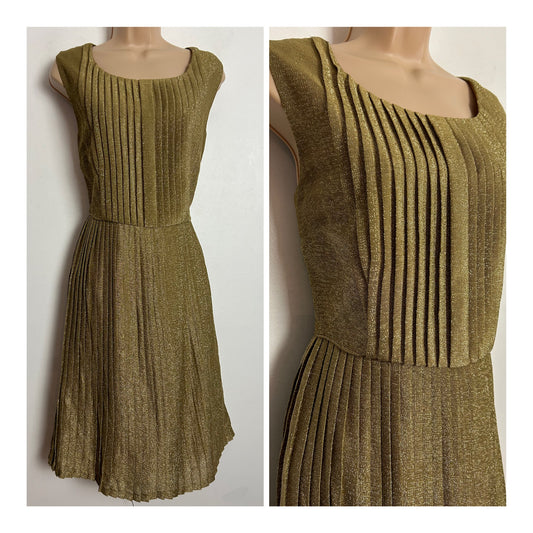 Vintage RARE EARLY 1960S ALICE EDWARDS UK Size 12 Gold Lurex Pleated Xmas Party Dress
