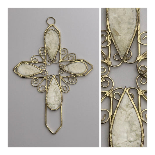Vintage Handmade Beautiful Silver Metal & Shell Large Cross Pendant