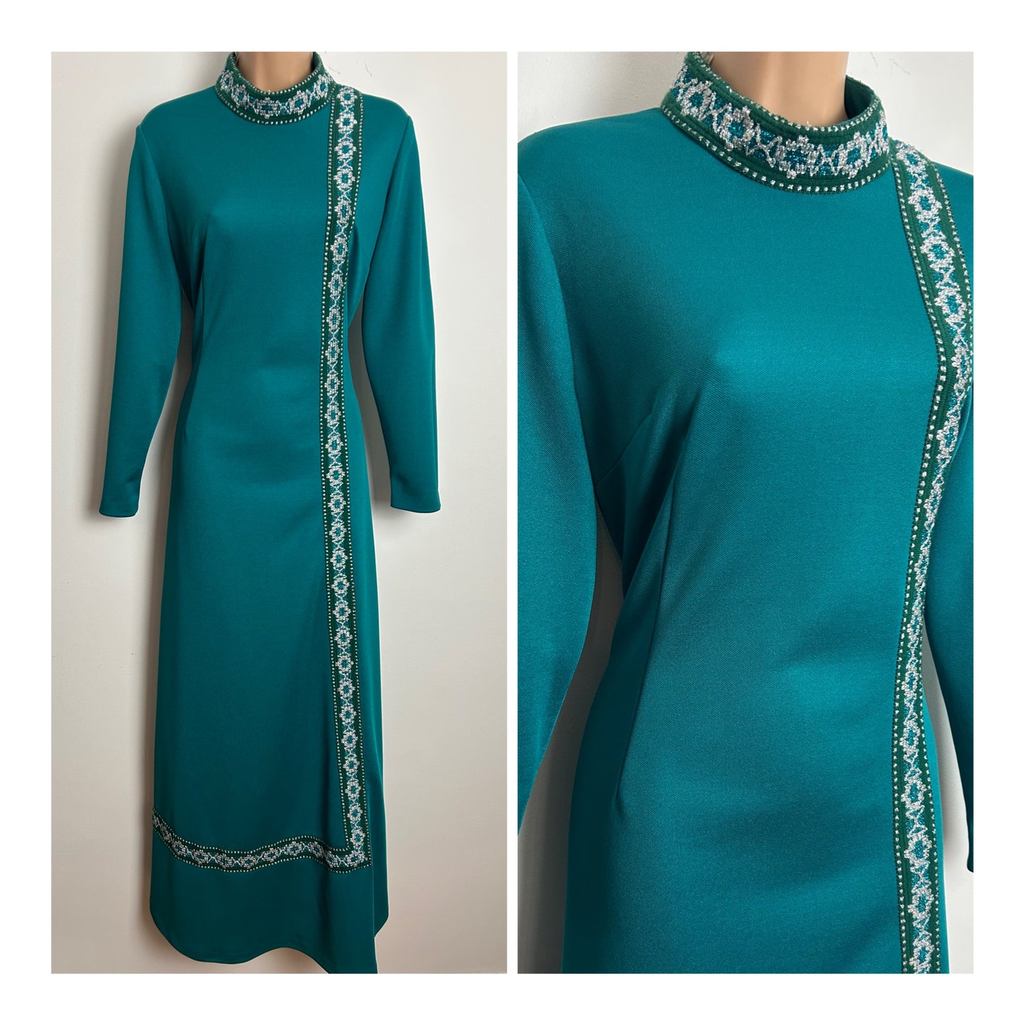 Vintage Late 1960s CARNEGIE Size 12- 14 Teal Green & Metallic Silver Braid Trim Long Sleeve Occasion Evening Maxi Dress
