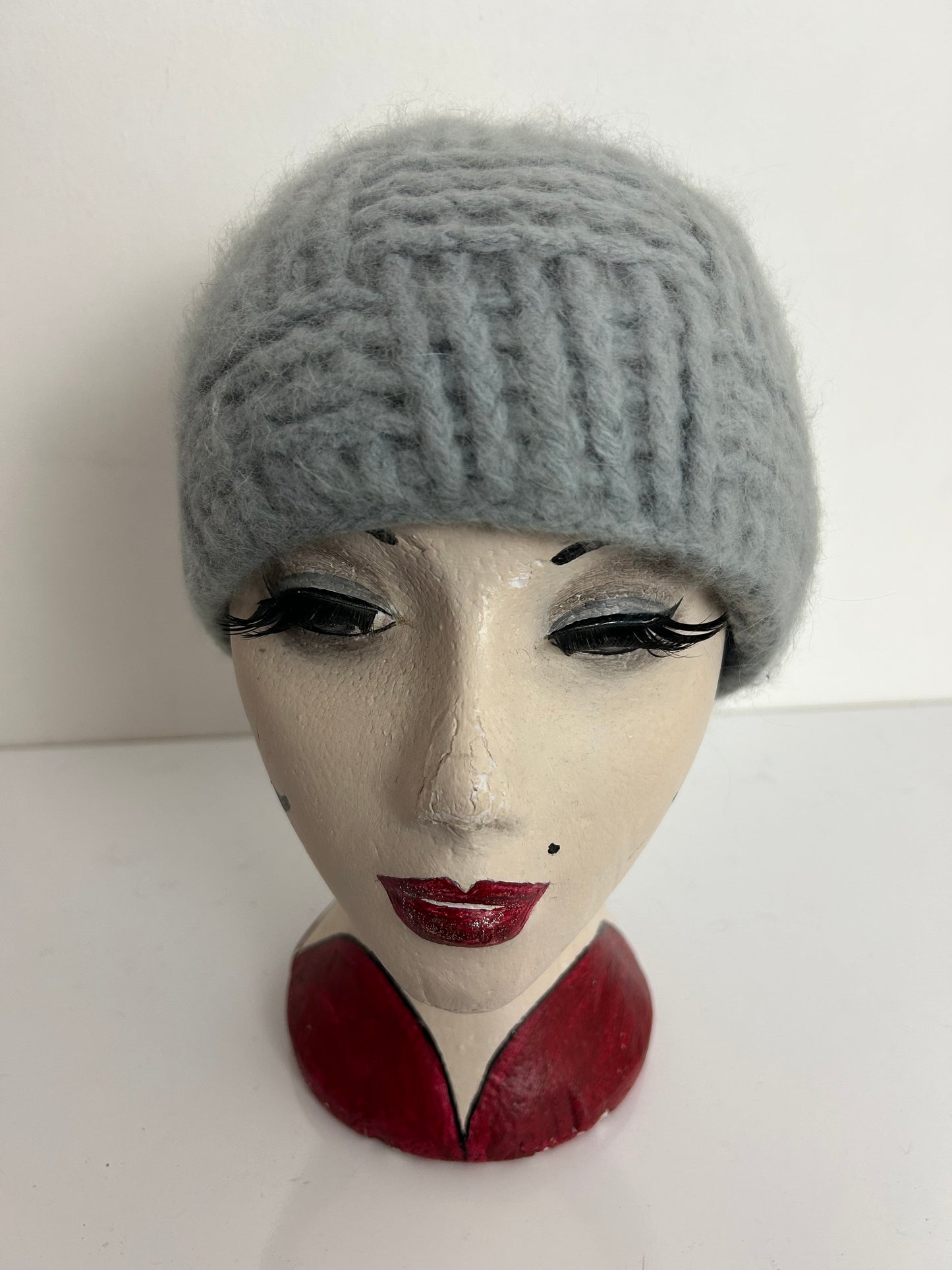 Vintage Grey Wool & Angora Mix Chunky Knit Beanie Or Beret Style Handmade Hat