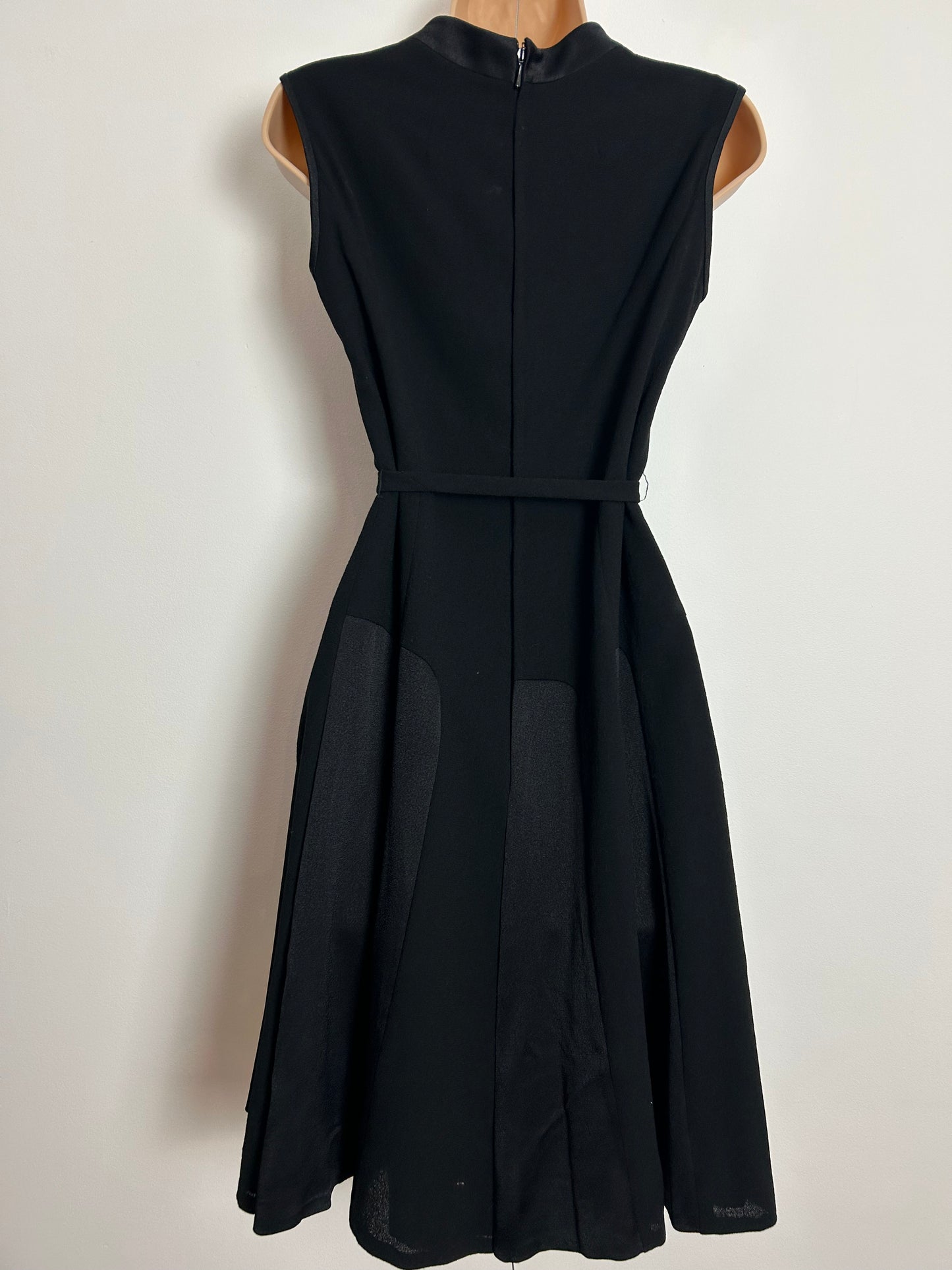 Vintage 1960s UK Size 8 Black Sleeveless Belted Fit & Flare Satin Panel Mod Dress