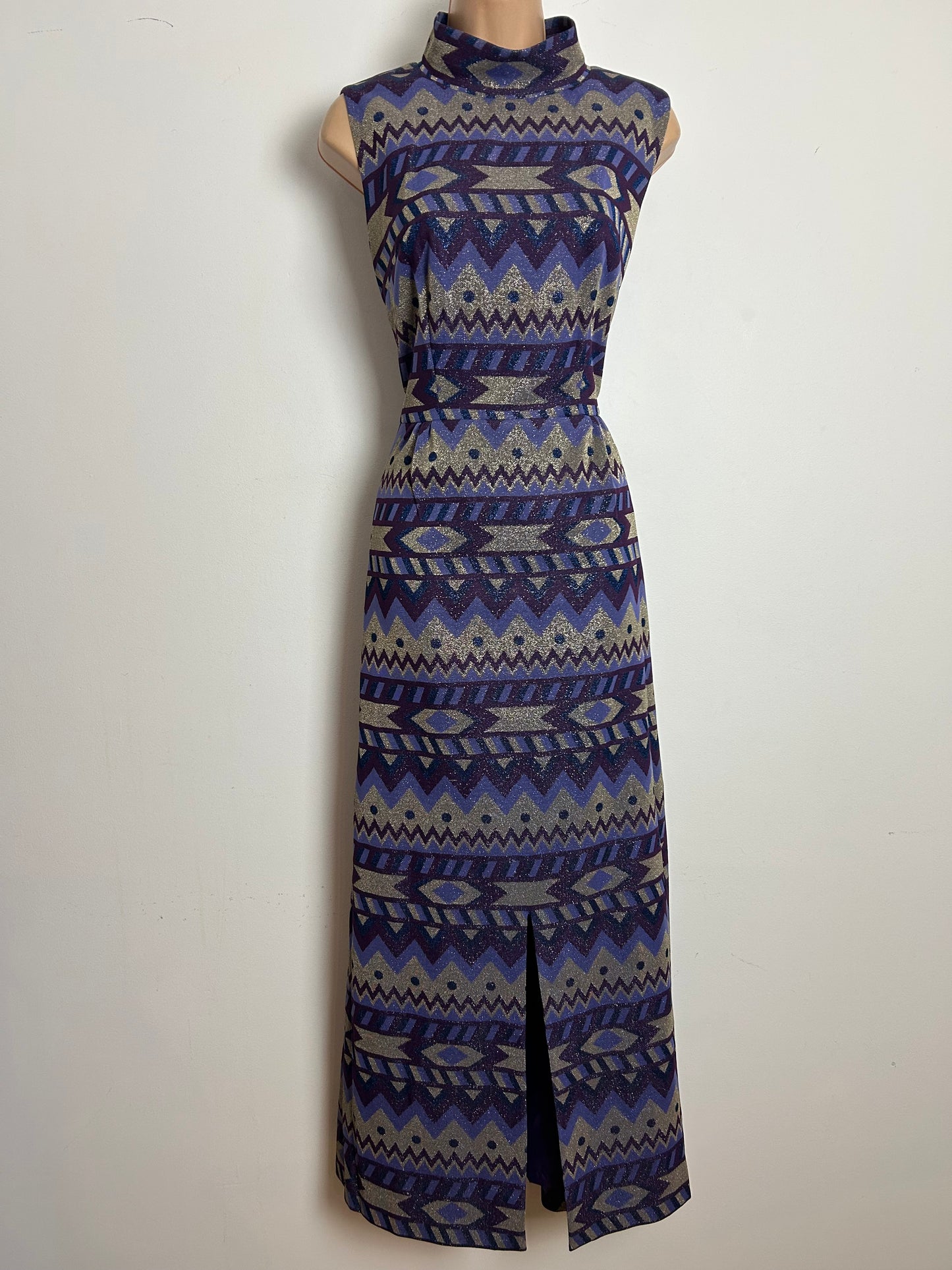 Vintage 1970s Size 12 Purple & Silver Tones Abstract Print Lurex Evening Maxi Dress