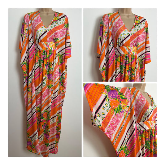 Vintage 1970s ST MICHAEL Up To Size 16 Orange White Pink & Green Floral & Stripe Print Kaftan Maxi Dress