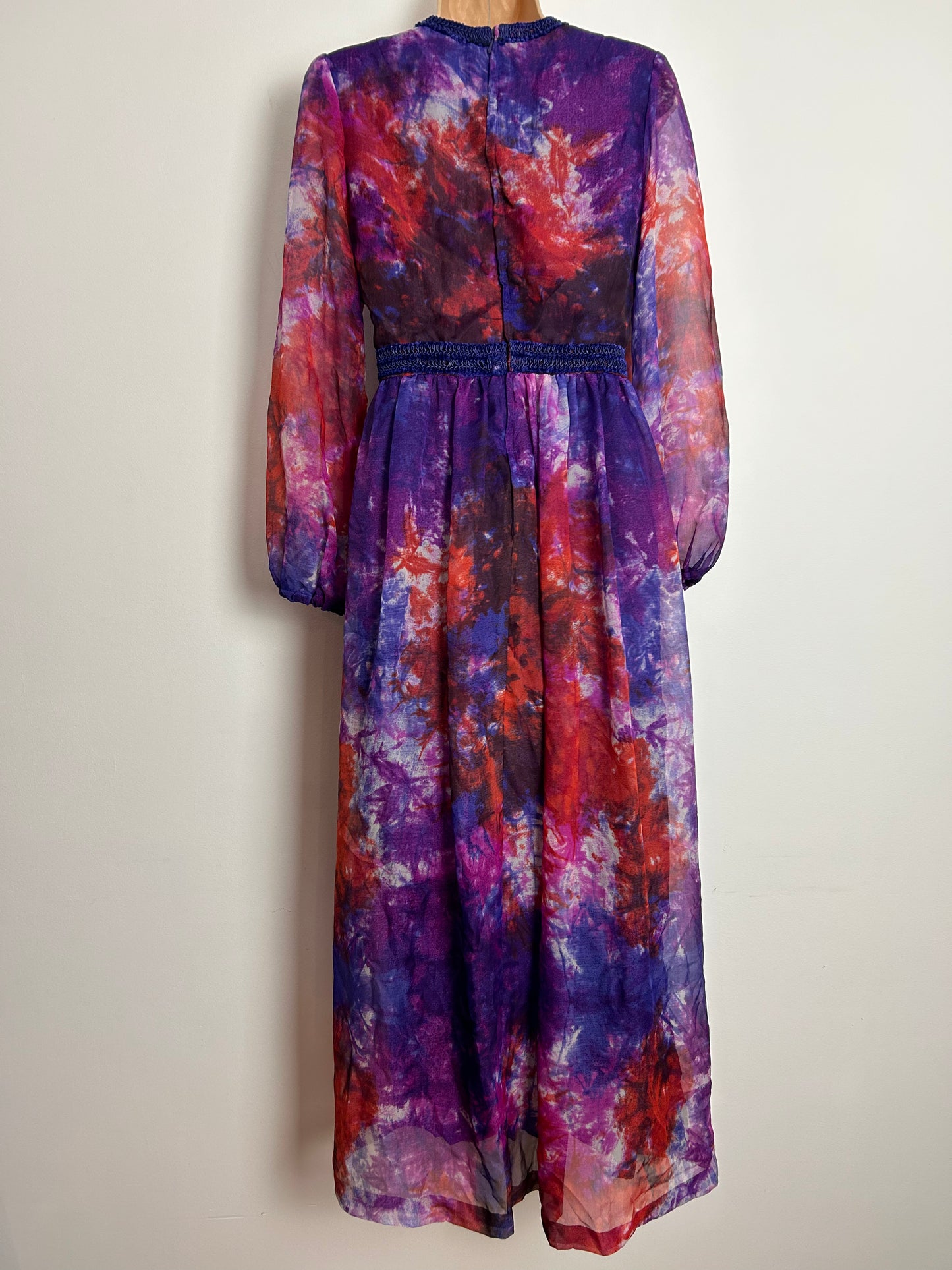 Vintage 1970s UK Size 8-10 Beautiful Purple Red & Pink Tones Tie Dye Effect Braid Trim Boho Maxi Dress