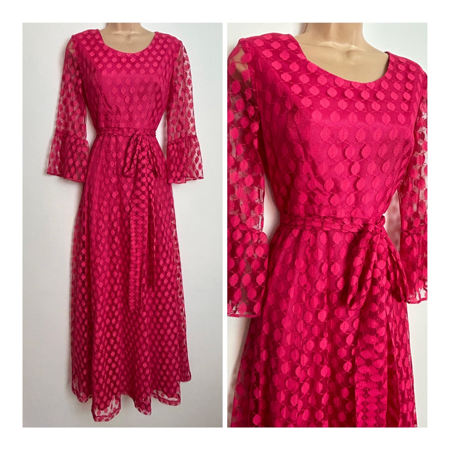 Vintage Late 1960s RICCI MICHAELS OF MAYFAIR UK Size 10 Hot Pink Spotty Lace Occasion Evening Maxi Dress