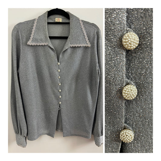Vintage 1970s UK Size 12 Silver Lurex Braid Trim Long Sleeve Shirt