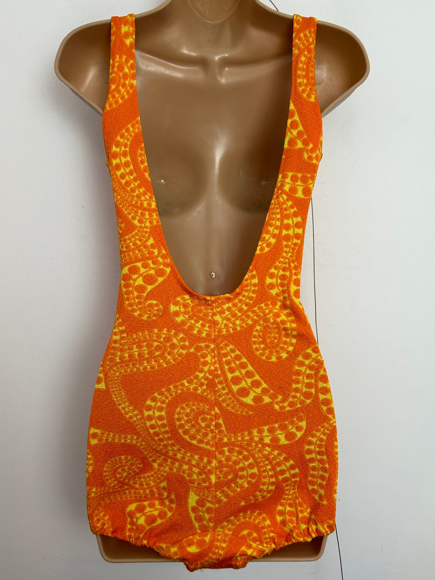 Vintage 1960s ARIELLA Approx UK Size 14-16 Orange & Yellow Paisley Print Skirted Swimsuit Bathing Costume