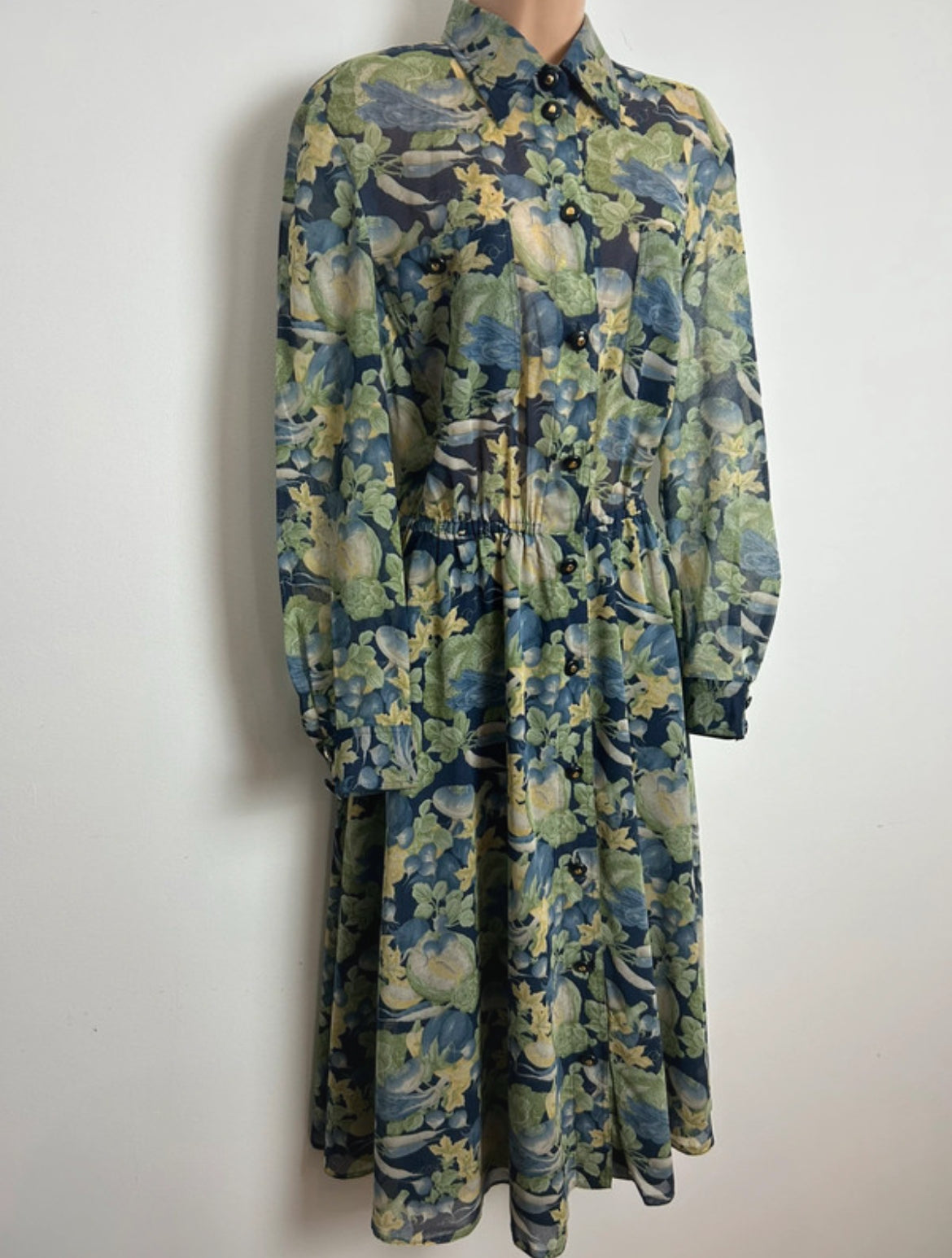 Vintage 1980s HEROS PARIS Size 14 Green & Blue Tones Vegetable Novelty Print Pure Cotton Day Dress