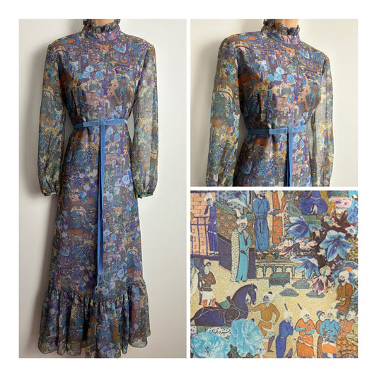 Vintage 1970s EASTEX Size 10-12 Gorgeous Blue Tones Japanese Novelty Print Long Sleeve Prairie Boho Maxi Dress