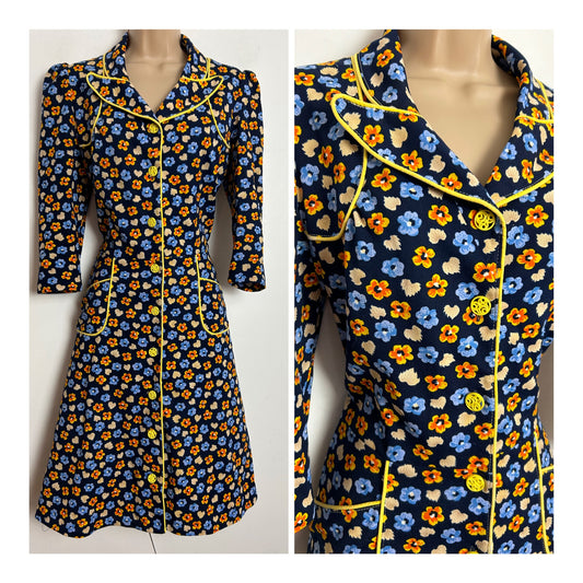 Vintage 1970s UK Size 10 Navy Blue Orange & Yellow Floral Print Feature Collar Day Dress