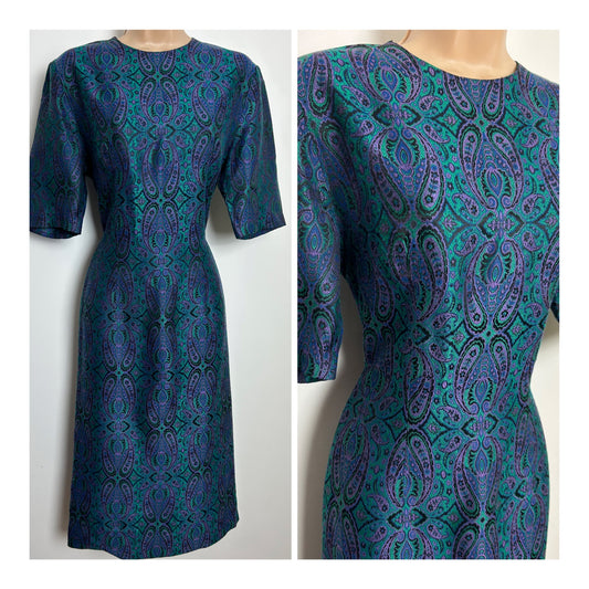 Vintage 1960s Size 12 Blue Green & Purple Paisley Pattern Short Sleeve Occasion Dress