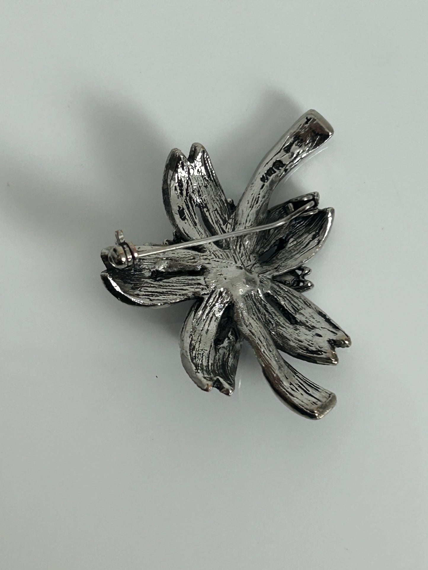 Vintage 1960s Silver Plated Blue Diamante & Baguette Cut Glass Floral Brooch
