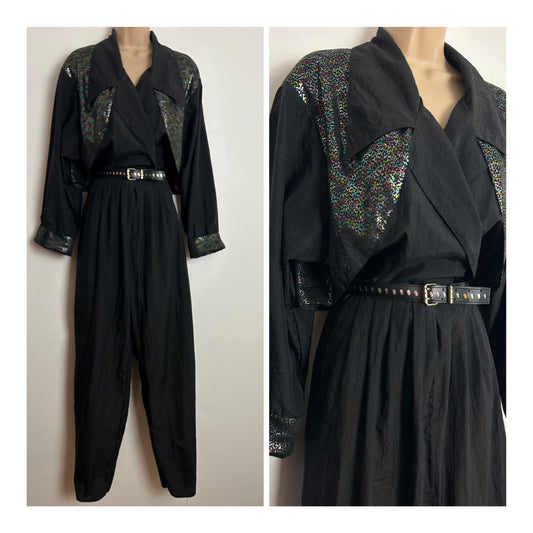 Vintage Extreme 1980s UK Size 12 Black & Metallic Multicolour Mock Waistcoat Belted Jumpsuit