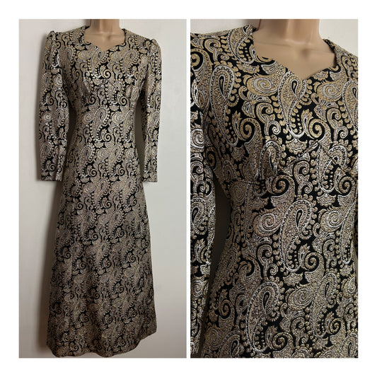 Vintage 1960s UK Size 8 Black Gold & Silver Metallic Lurex Brocade Occasion Evening Maxi Dress