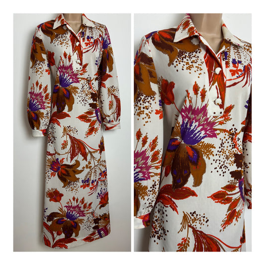 Vintage 1970s Size 12-14 White Orange Brown & Purple Floral Print Long Sleeve Maxi Dress
