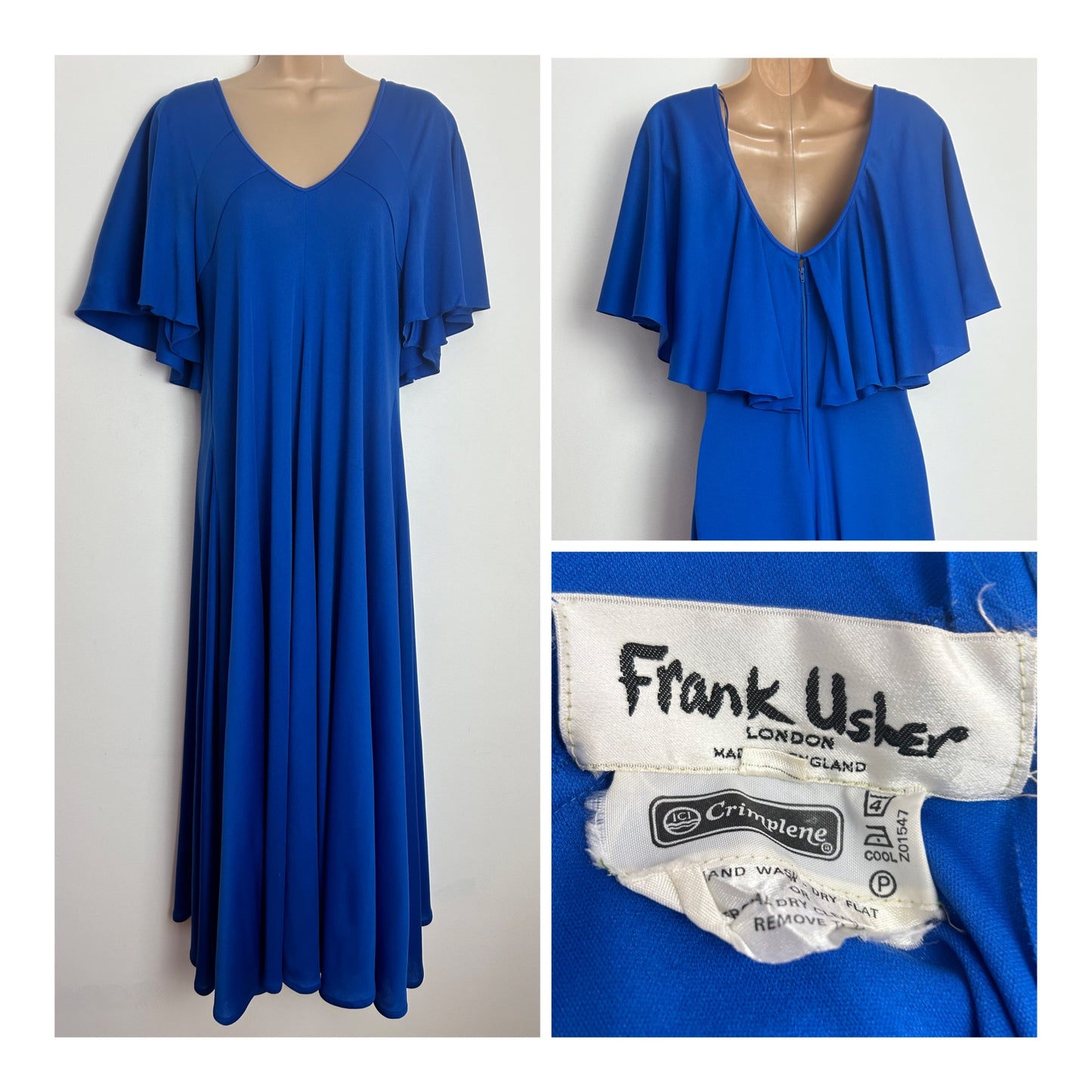 Vintage Early 1970s FRANK USHER UK Size 10 Cobalt Blue Crimplene Short Flared Sleeve Maxi Dress