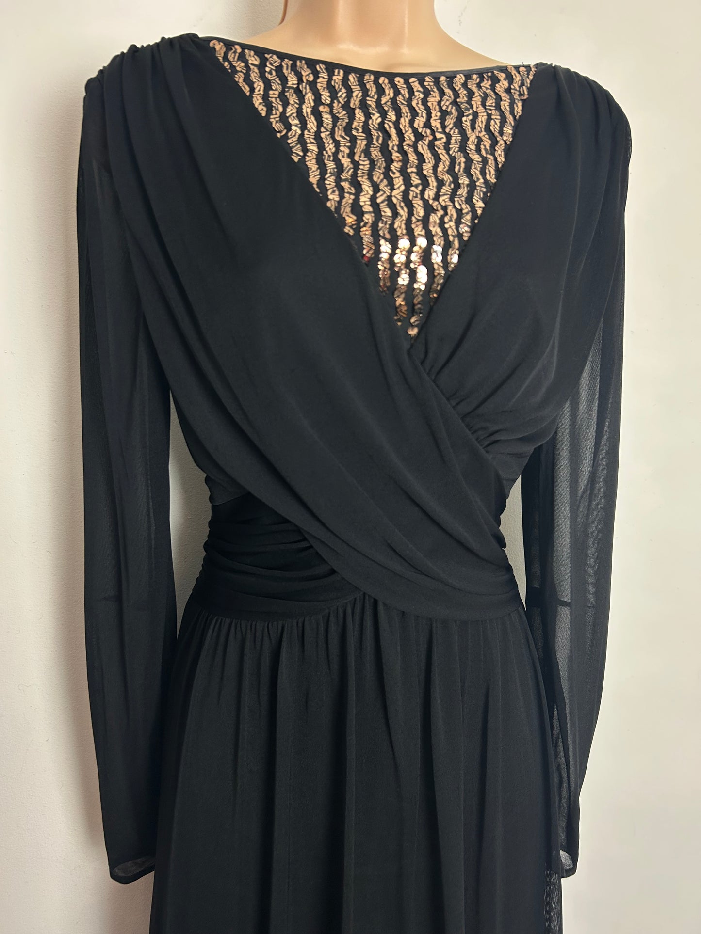 Vintage Late 1970s Size 10-12 Black & Gold Sequin Embellished Evening Occasion Maxi Dress