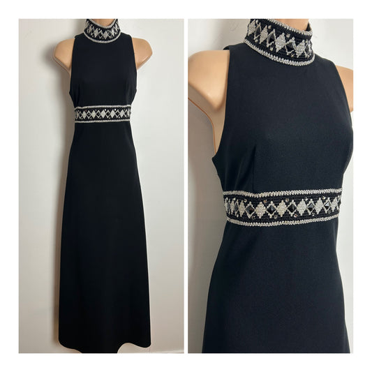 Vintage 1970s RICHARD SHOPS Size 8 Black Silver Braid & Black Jewel Detail Evening Occasion Maxi Dress