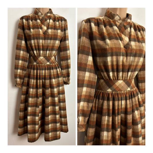 Vintage Late 1970s UK Size 10 Brown & Beige Tones Check Pattern Wool Mix Long Sleeve Dress