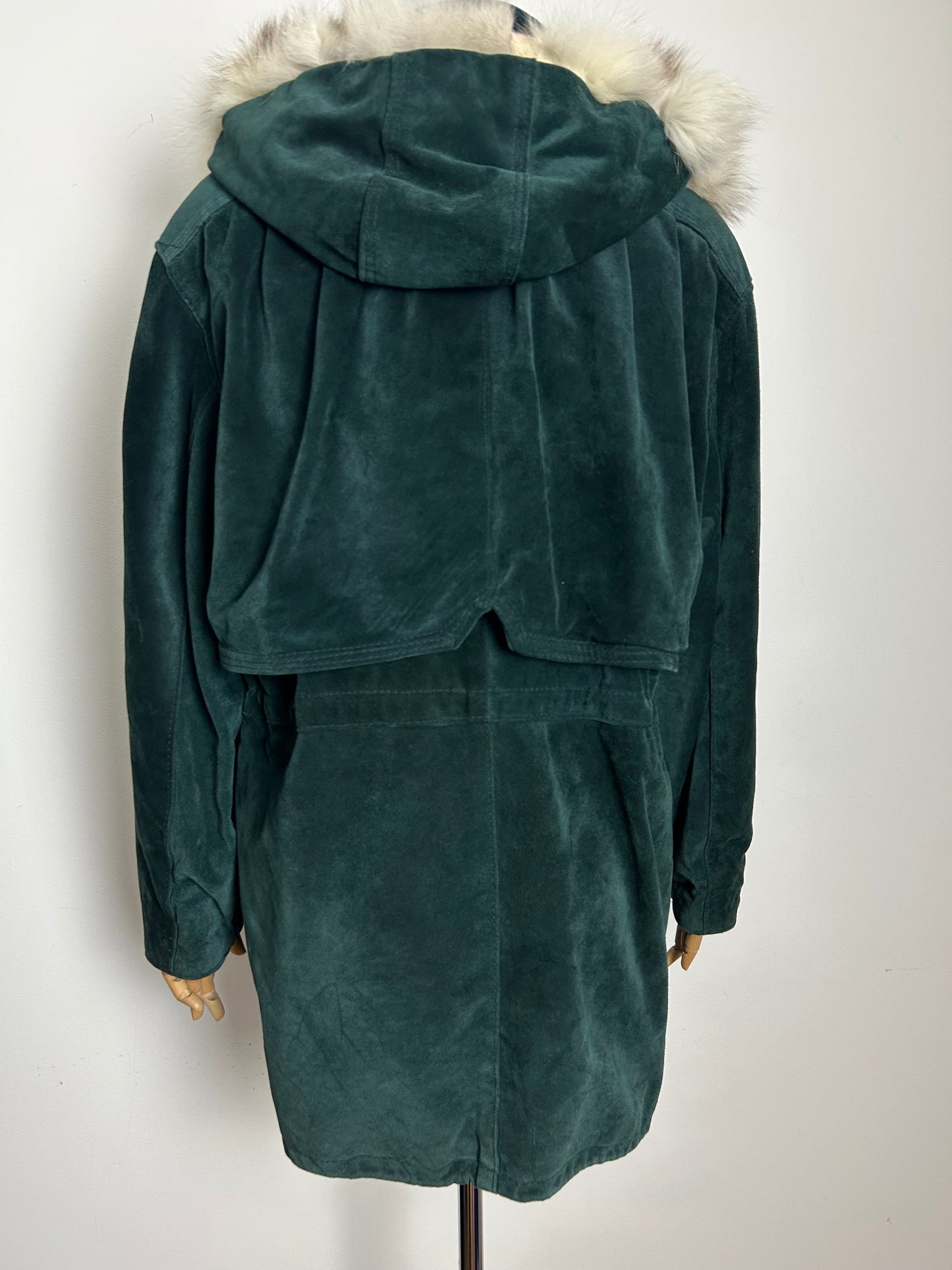 Vintage 1980s LEATHERSTIL ITALIAN Size 12-14 Dark Green Real Suede & Fur Trim Hooded Parka