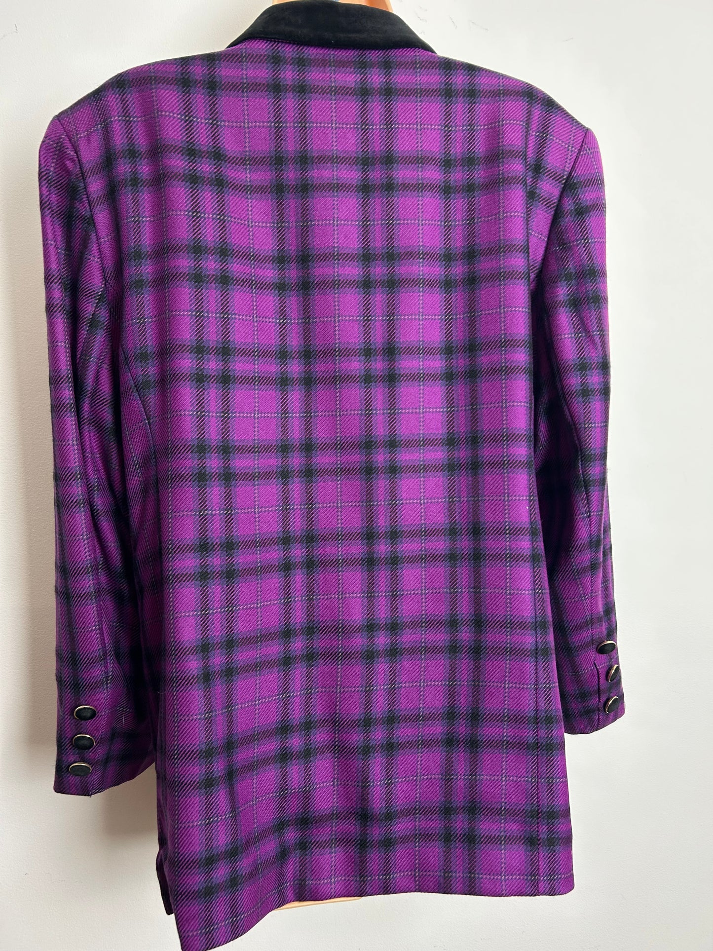 Vintage 1980s YOUR SIXTH SENSE Size 14-16 Purple All New Wool Check Blazer With Velvet Trim