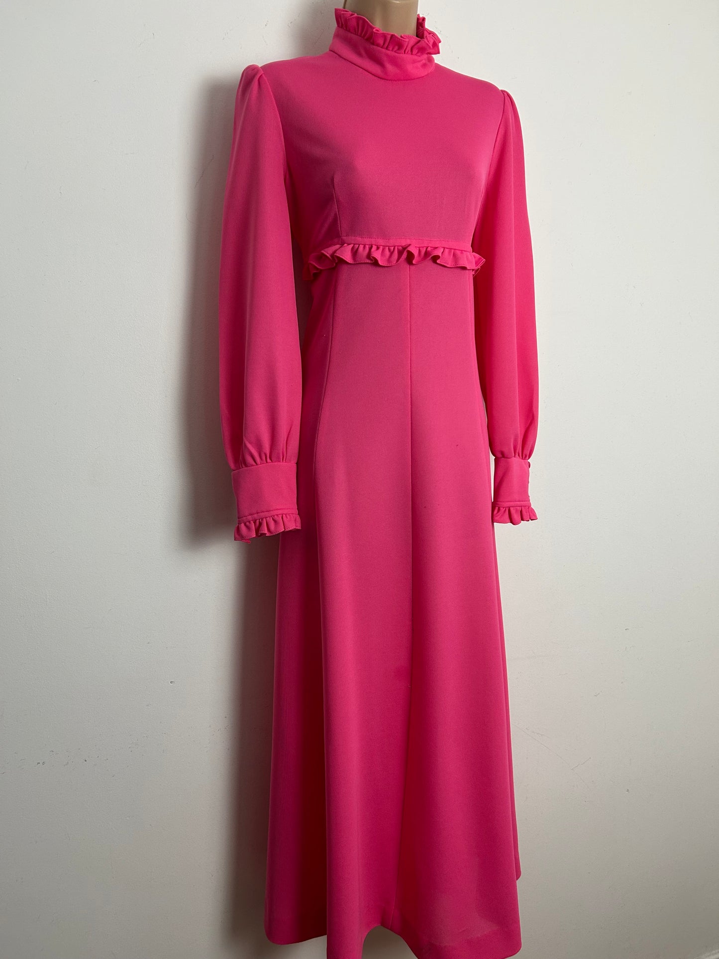 Vintage 1970s Size 10-12 Hot Pink High Neck Long Sleeve Maxi Dress