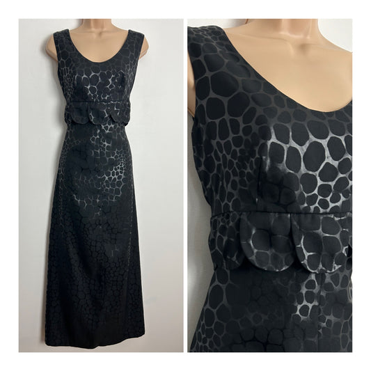 Vintage 1970s UK Size 8-10 Black Wet Look Animal (Giraffe) Print Scallop Frill Detail Maxi Dress
