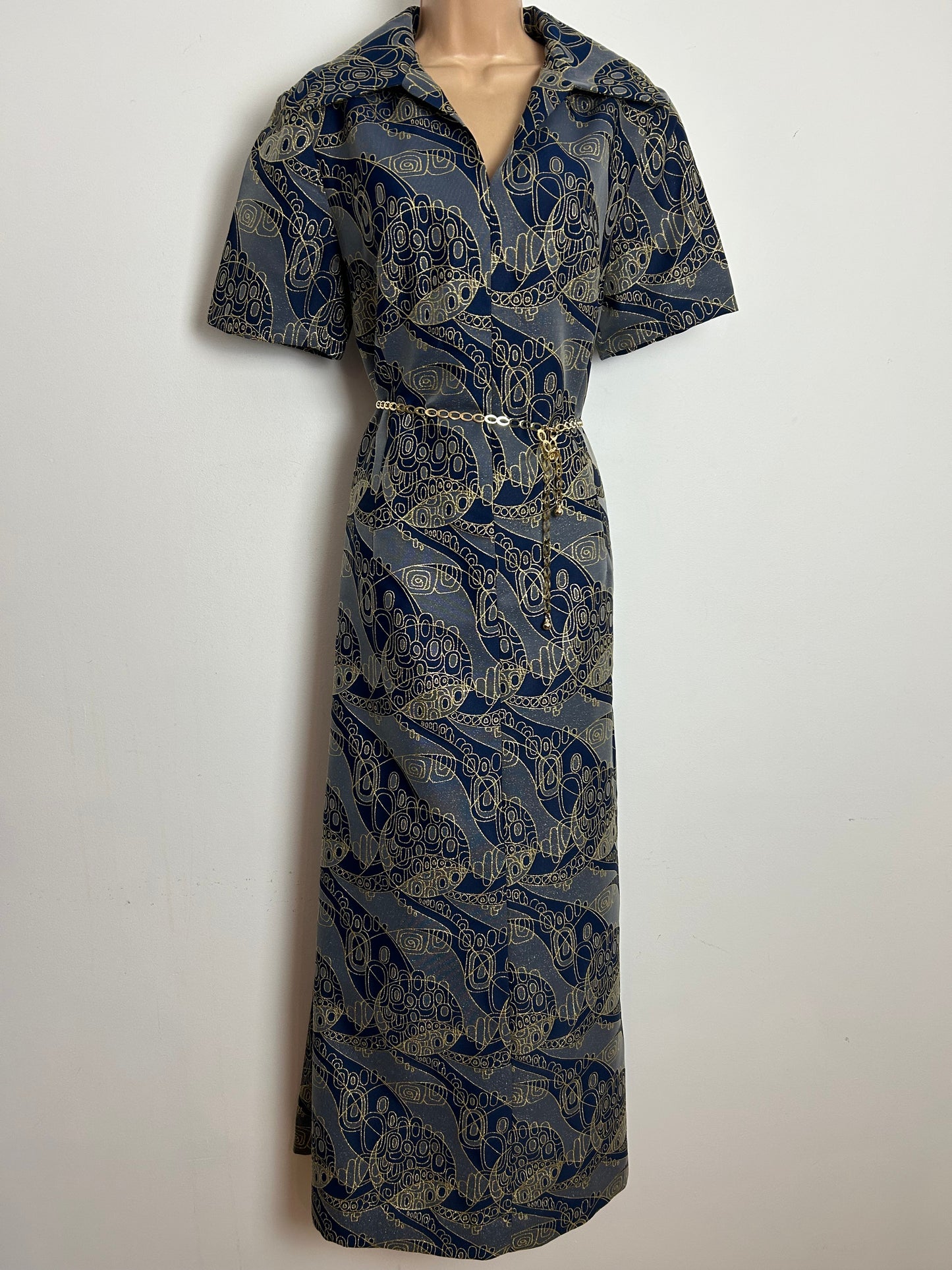 Vintage 1970s size 14 Blue & Gold Tones Abstract Print Belted Occasion Evening Maxi Dress