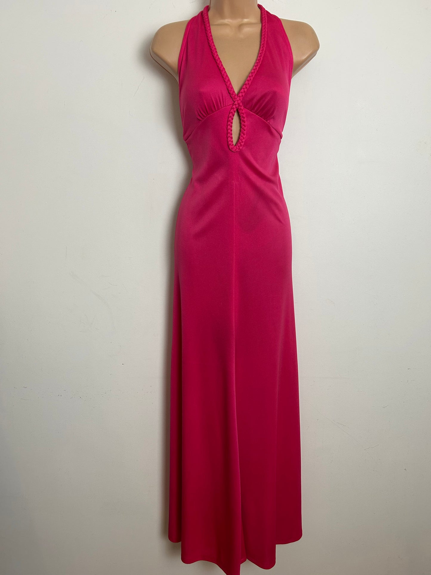Vintage 1970s BERNSHAW Size 8-10 Hot Pink Plait Detail Halterneck Keyhole Open Back Maxi Dress
