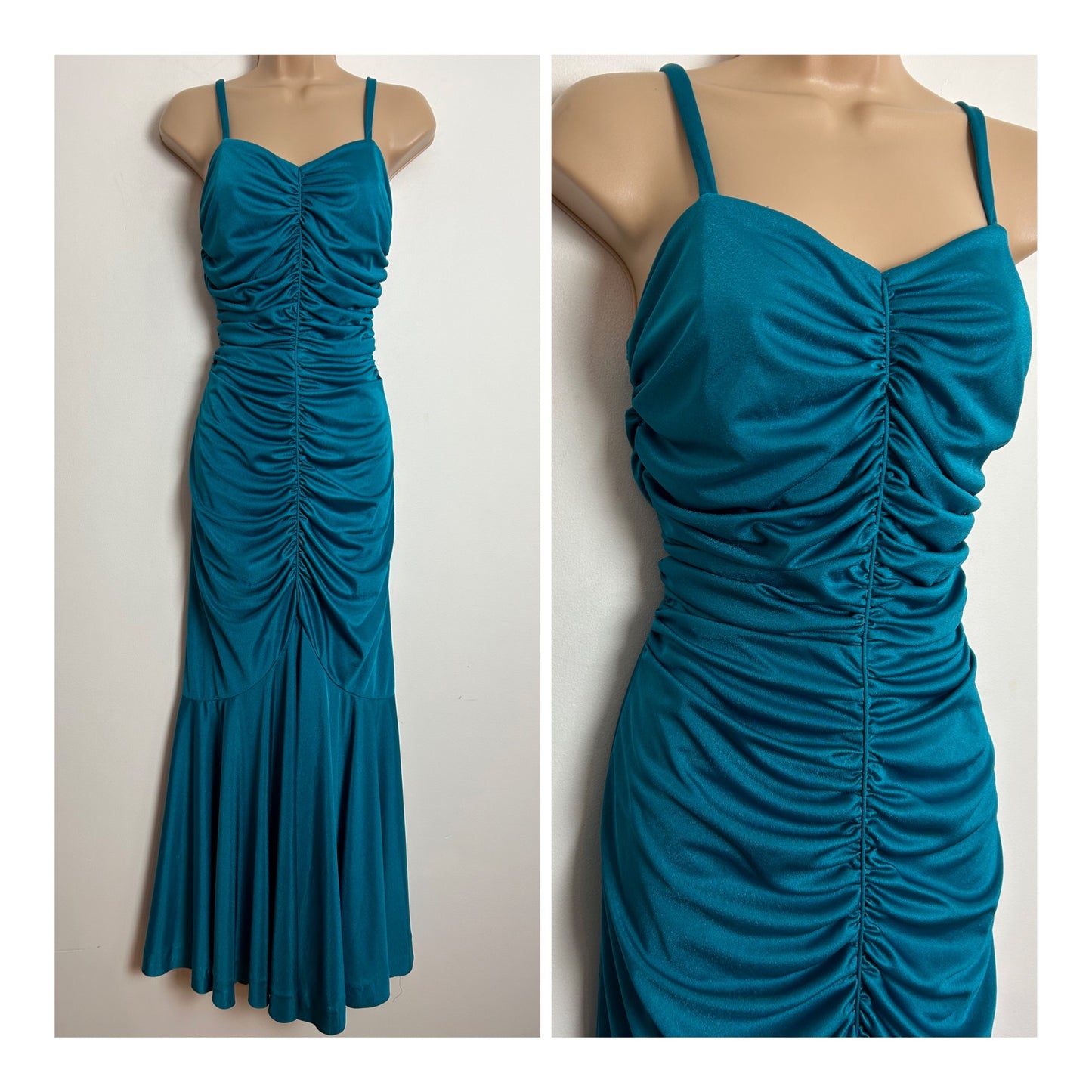 Vintage 1980s UK Size 8 Peacock Blue Ruched Fitted Wiggle Strappy Maxi Length Evening Occasion Party Dress