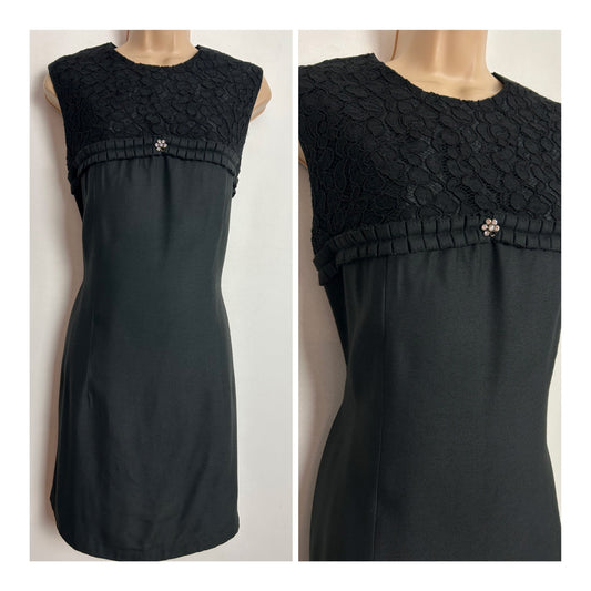 Vintage 1960s UK Size 10 Black Lace Detail Mod Short Little Black Dress