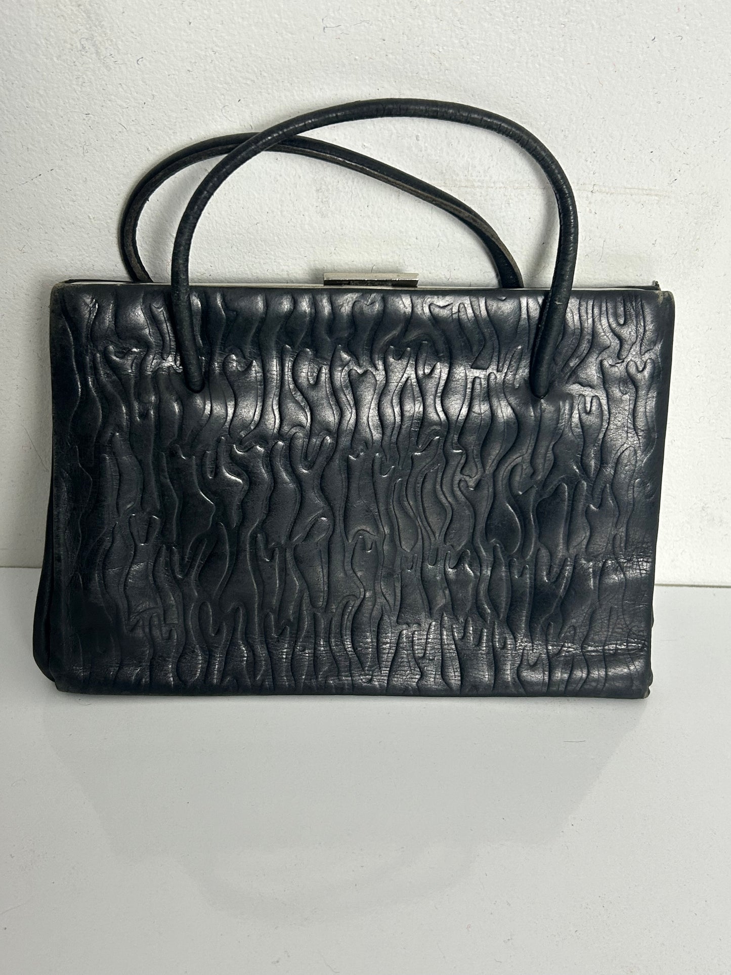 Vintage Early 1950s Small Black Embossed Kelly Style Handbag