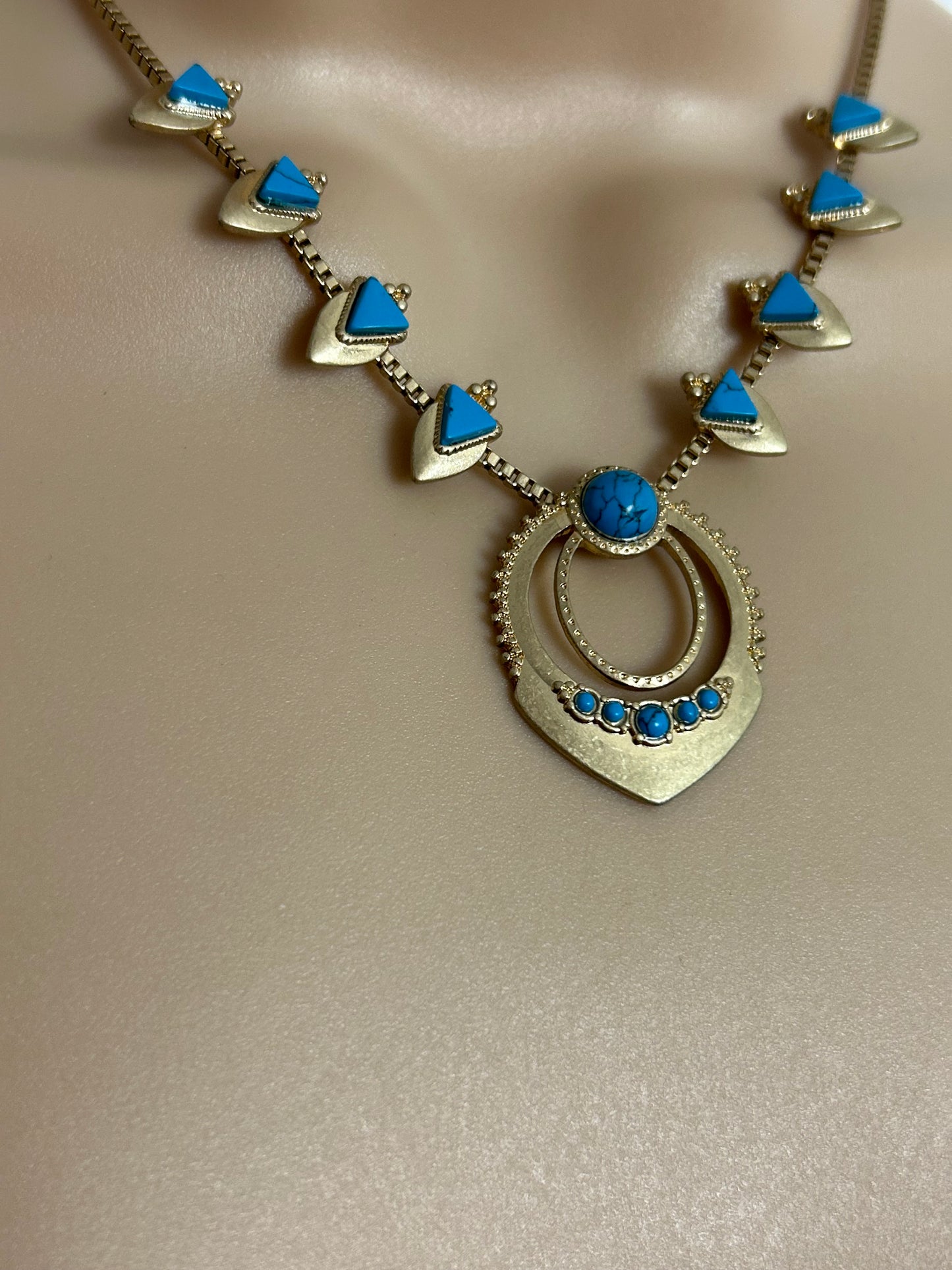 Vintage Gold Tone & Turquoise Stone Set Ethnic Inspired Boho Necklace