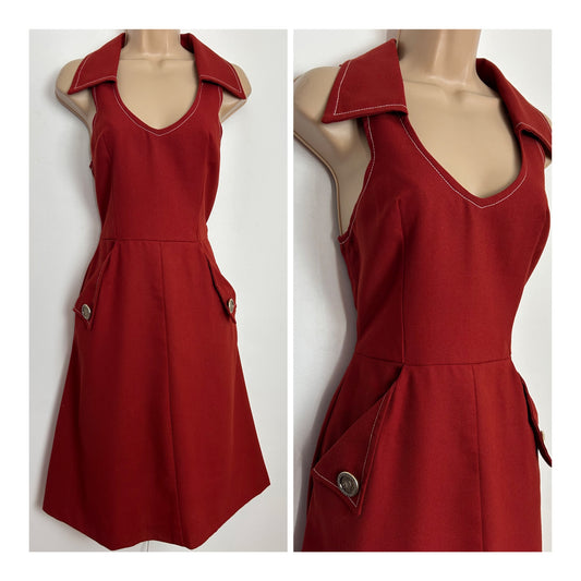 Vintage 1970s MICHAEL SINCLAIR Size 6 Brick Red Sleeveless Wide Collared Pocket Detail Fit & Flare Mod Dress