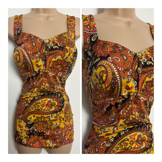 Vintage 1960s Size 16 Rust Yellow & Orange Psychedelic Paisley Print Padded Cups Swimsuit