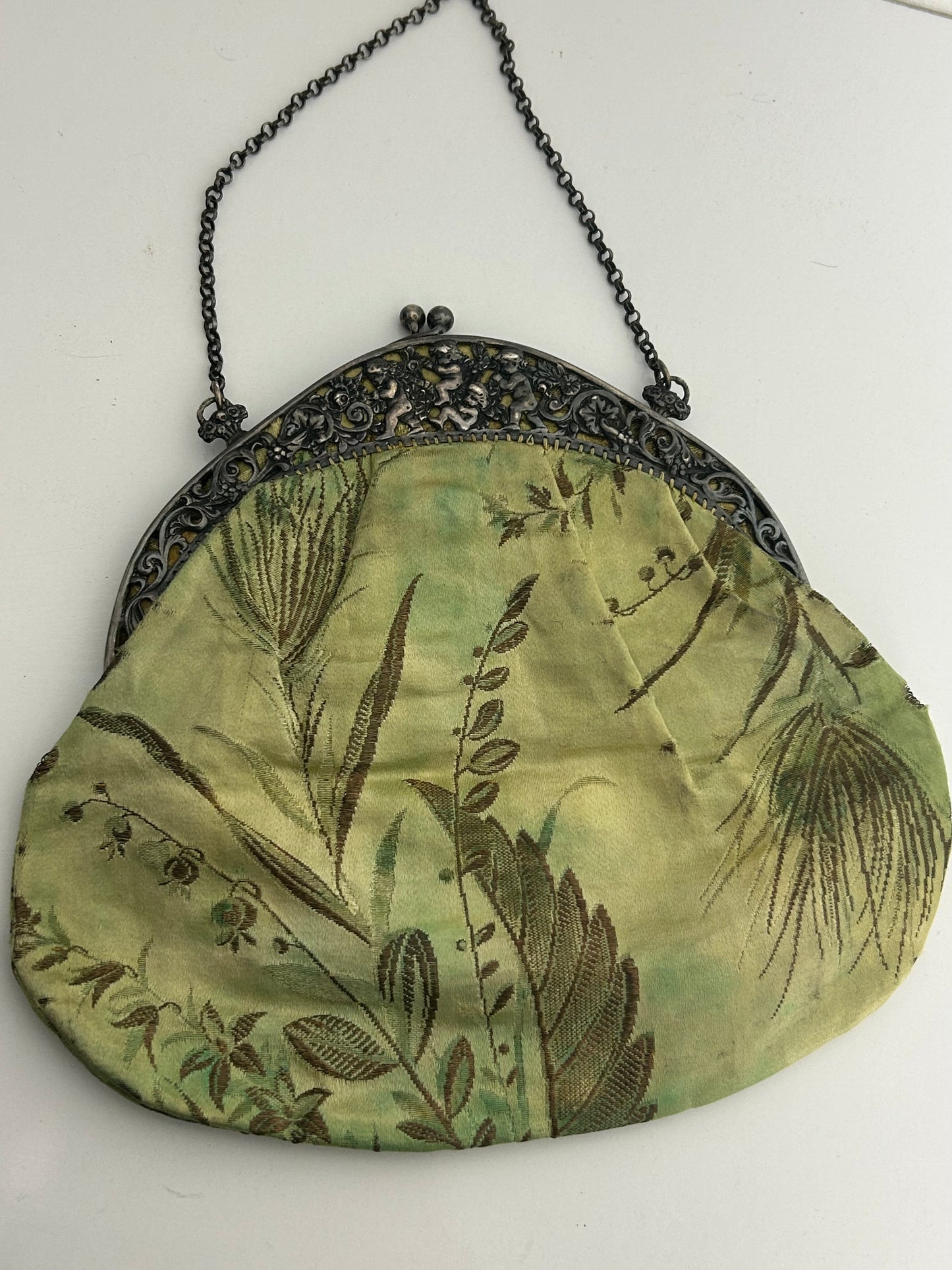 Antique Circa 1900's Victorian/Edwardian Silver Cherub Frame Green Silk jacquard Bag