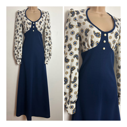 Vintage 1970s UK Size 8-10 Navy Blue White & Yellow Paisley Print Long Sleeve Maxi Dress