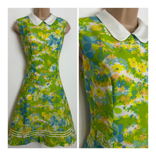 Vintage 1960s PEGGY LANE Size 8 Green Blue & Yellow Floral Peter Pan Collar Fit & Flare Mod Dress