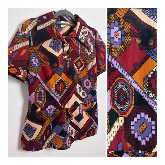 Vintage 1970s Size 12 Dark Red Orange Beige & Mauve Abstract Print Short Sleeve Peplum Shirt