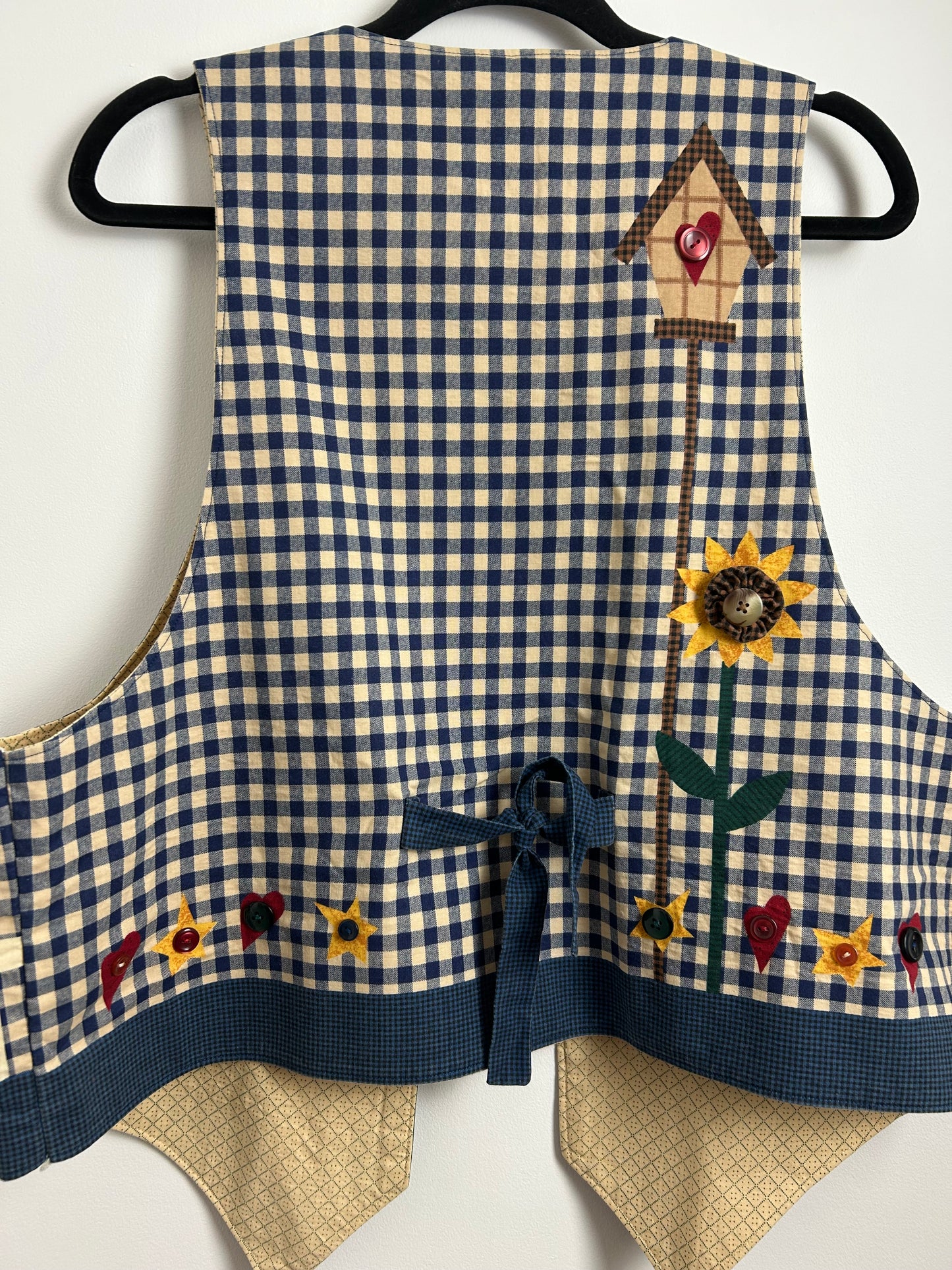 Vintage 1980s UK Size 14-16 Blue Cream & Green Check Sunflower Garden Print Button Detail Cotton Waistcoat