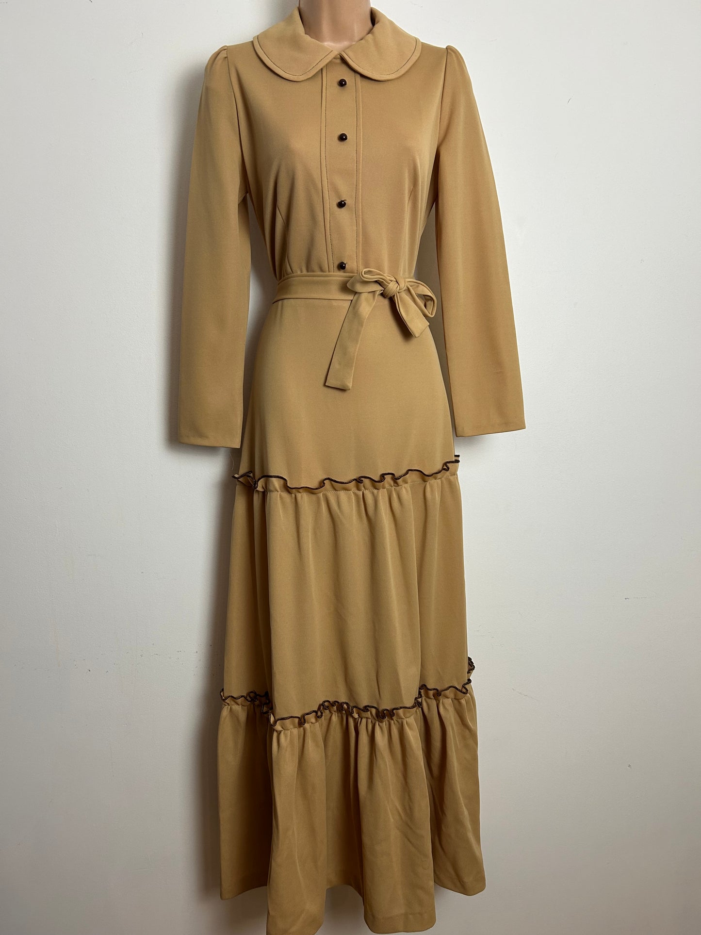 Vintage 1970s Size 10 Sandy Beige Crimplene Belted Tiered Long Sleeve Maxi Dress