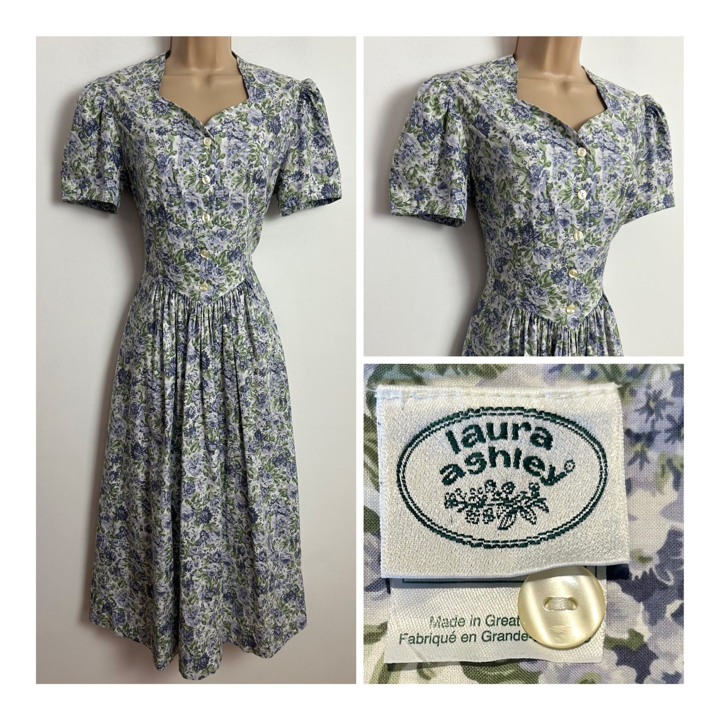 Vintage 1980s LAURA ASHLEY Size 8/10 (Size 12 On Label) White Blue & Green Floral Print Cotton Tea Dress